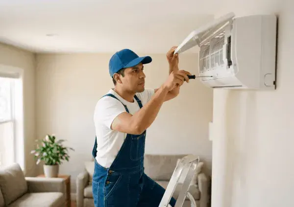 Técnico reparando aire acondicionado