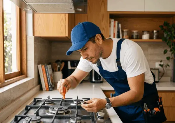 Técnico reparando cocina y horno americano