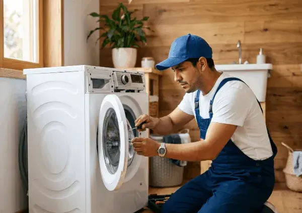 Técnico reparando lavadora americana