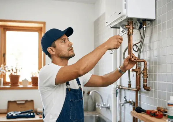 Técnico reparando terma